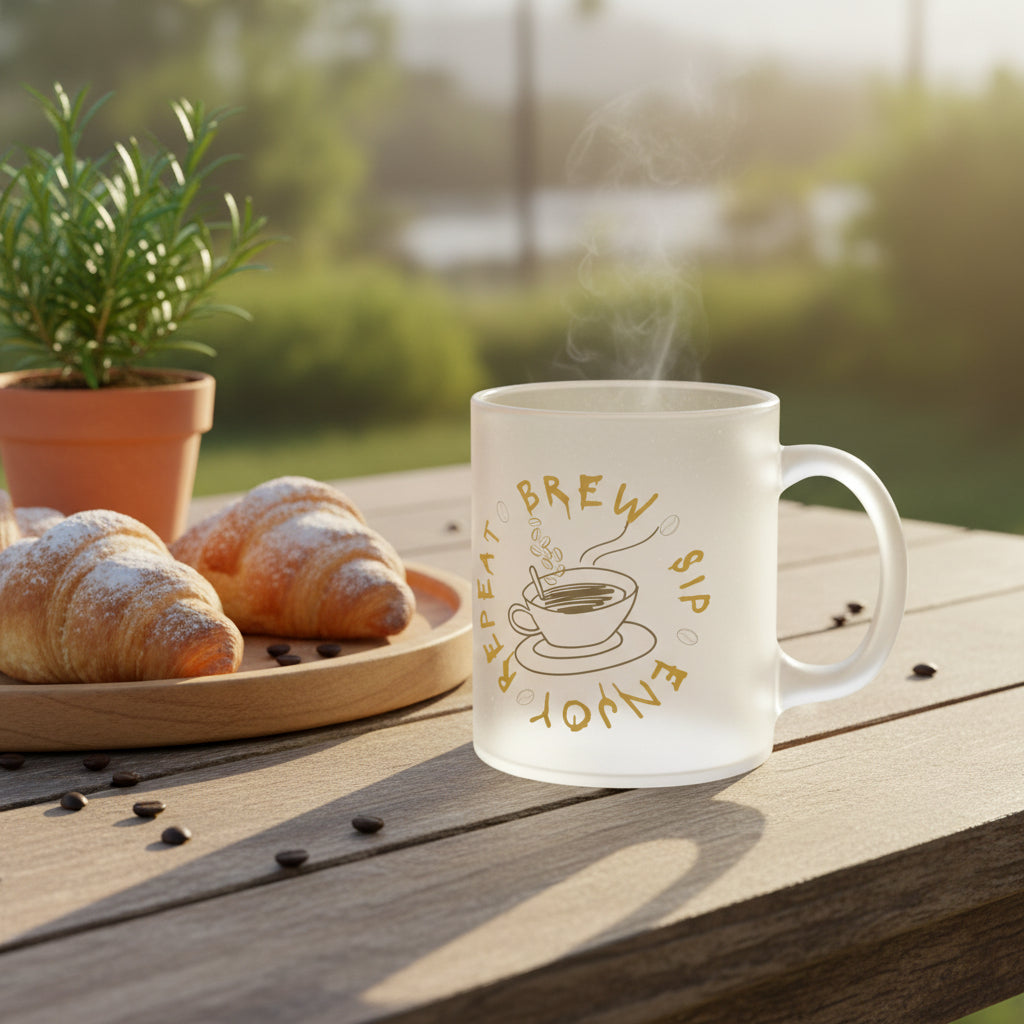 "Brew, Sip, Repeat" Frosted Glass Coffee Mug