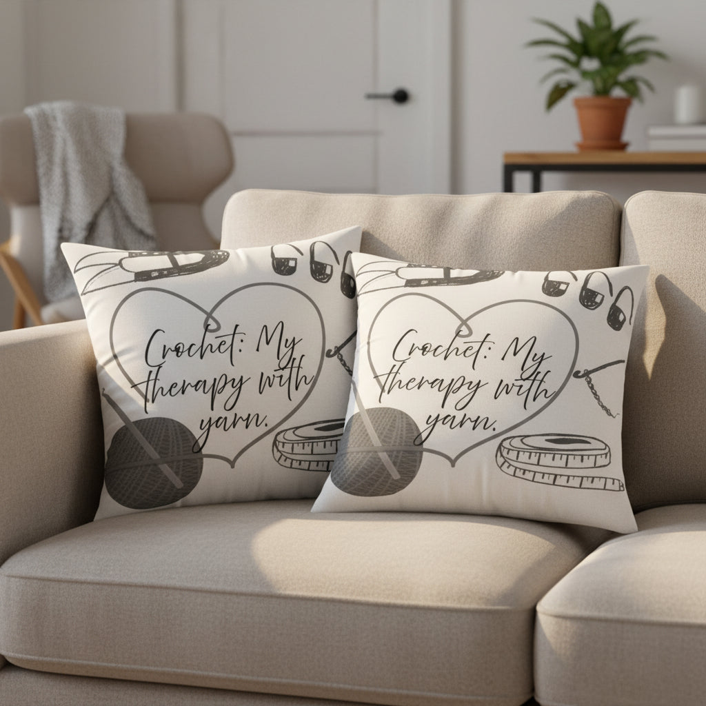 "Crochet: My Therapy with Yarn" Square Throw Pillow