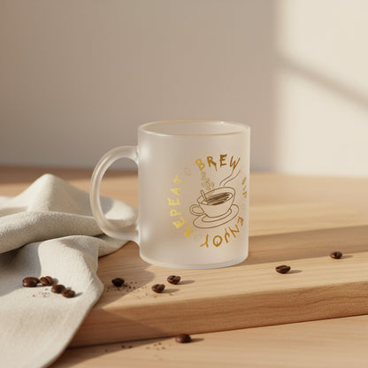 "Brew, Sip, Repeat" Frosted Glass Coffee Mug