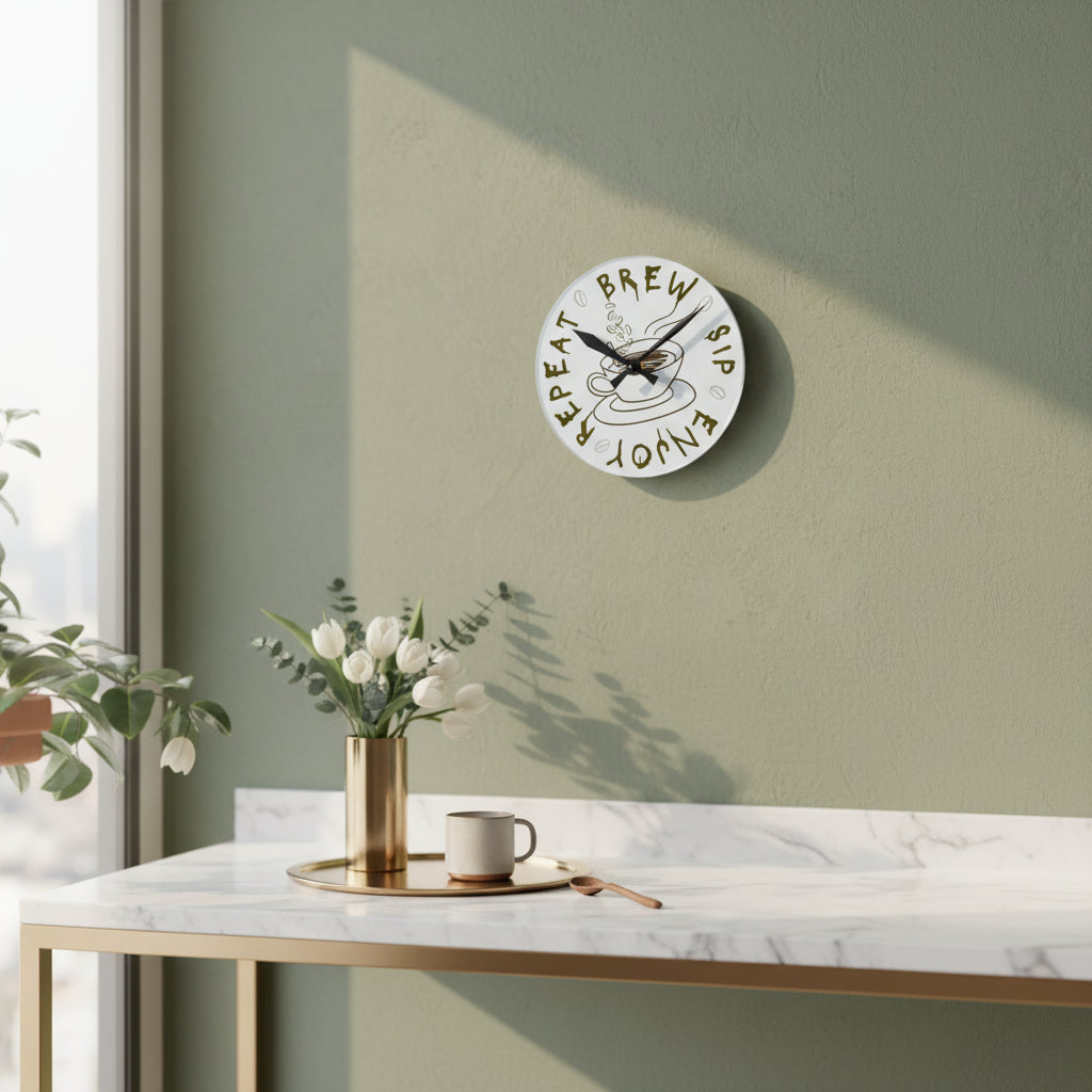 "Brew Sip Enjoy Repeat" Acrylic Wall Clock