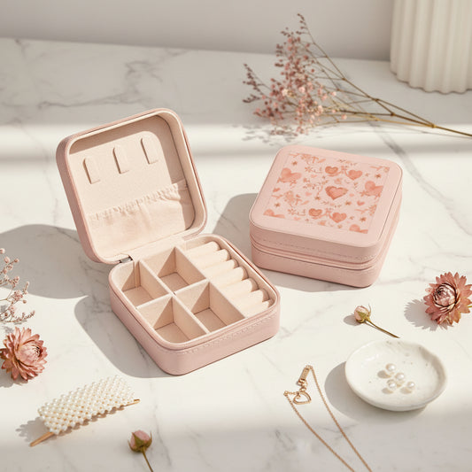 Compact Pink Heart Jewelry Travel Case