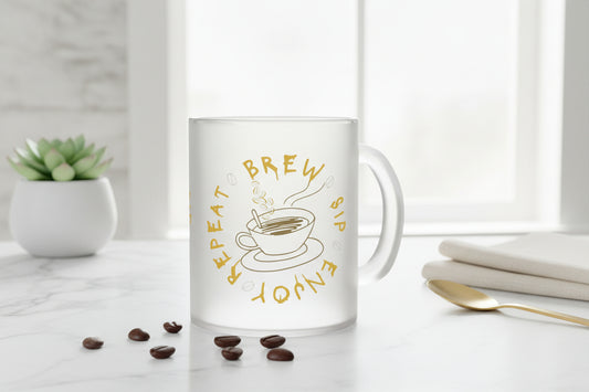 "Brew, Sip, Repeat" Frosted Glass Coffee Mug
