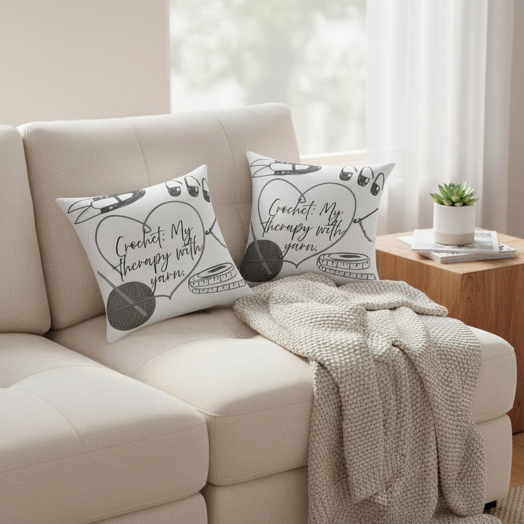 "Crochet: My Therapy with Yarn" Square Throw Pillow