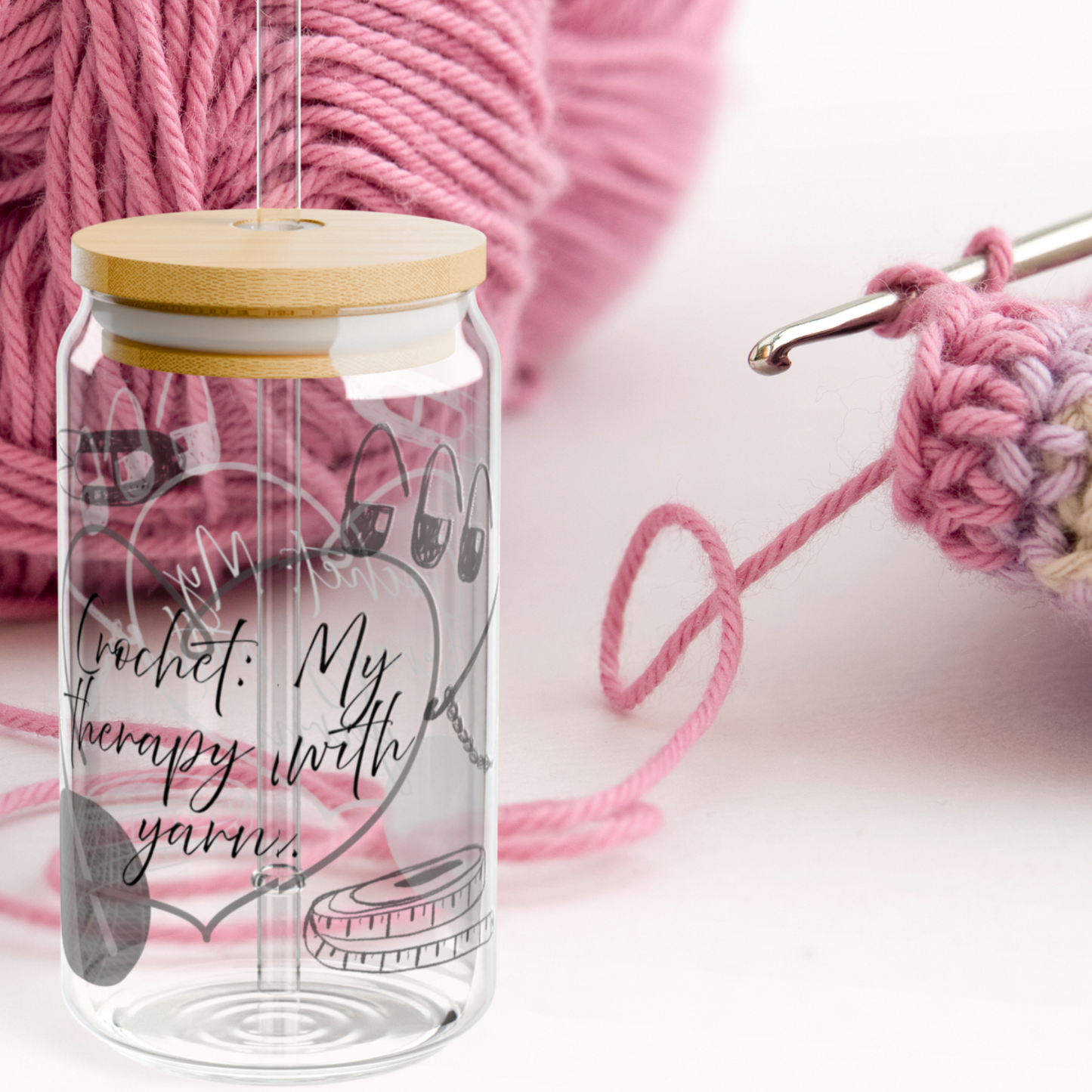 "Crochet: My Therapy with Yarn" Sipper Glass