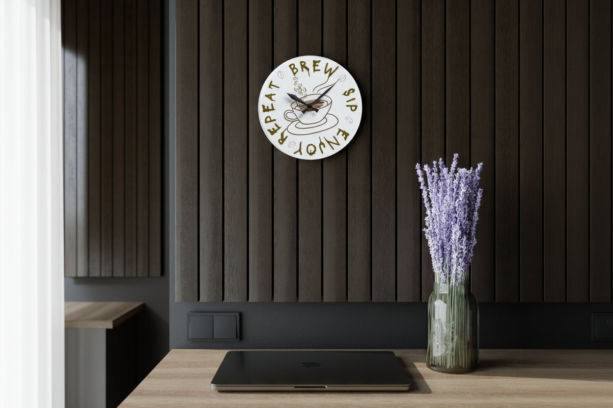 "Brew Sip Enjoy Repeat" Acrylic Wall Clock