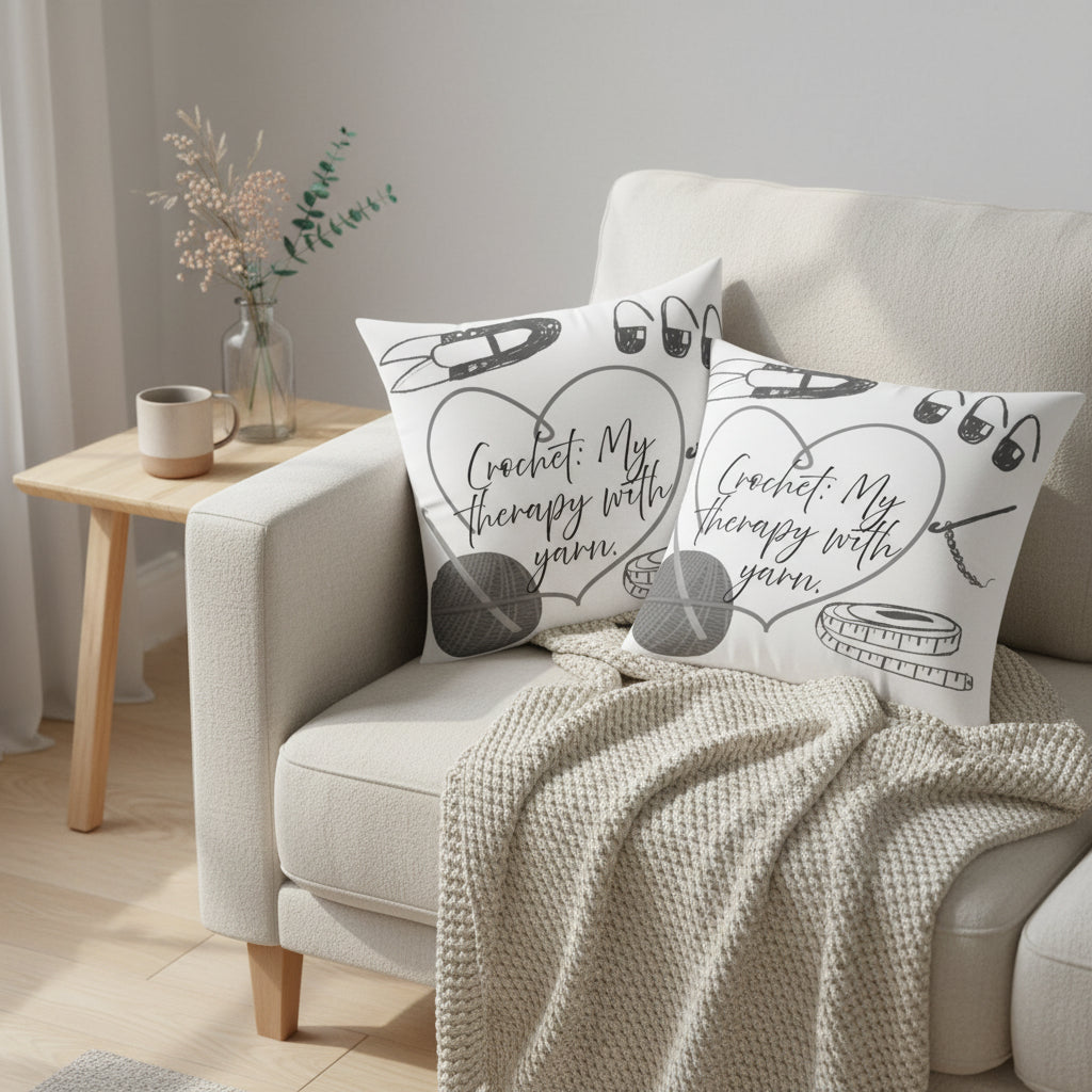 "Crochet: My Therapy with Yarn" Square Throw Pillow