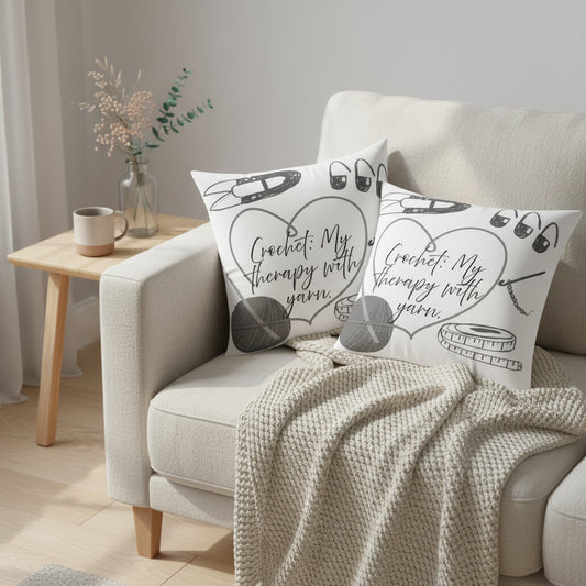 "Crochet: My Therapy with Yarn" Square Throw Pillow